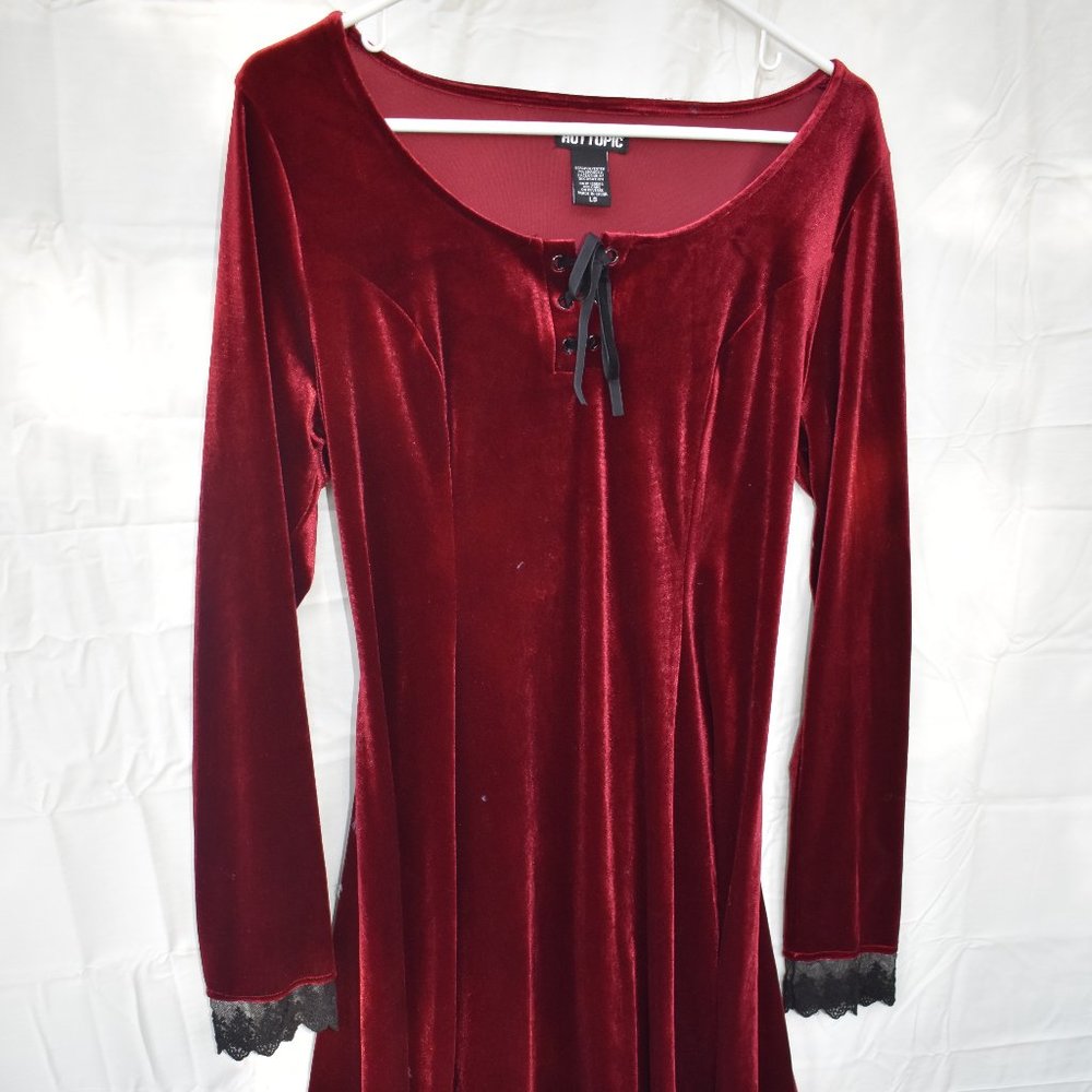 Maroon velvet dress with corset tie back and lace